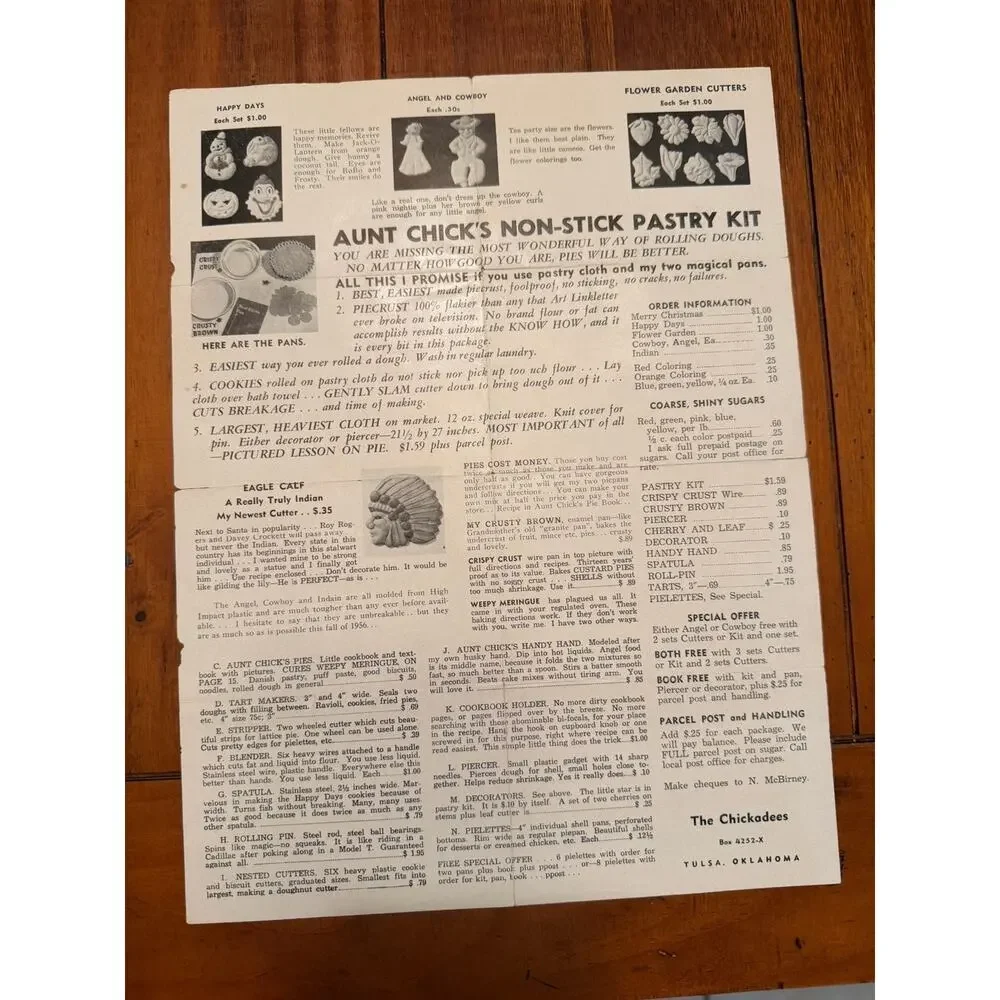 3 Vintage Aunt Chick's Pastry Kit Cookie Cutter Brochures Tulsa OK Chickadees
